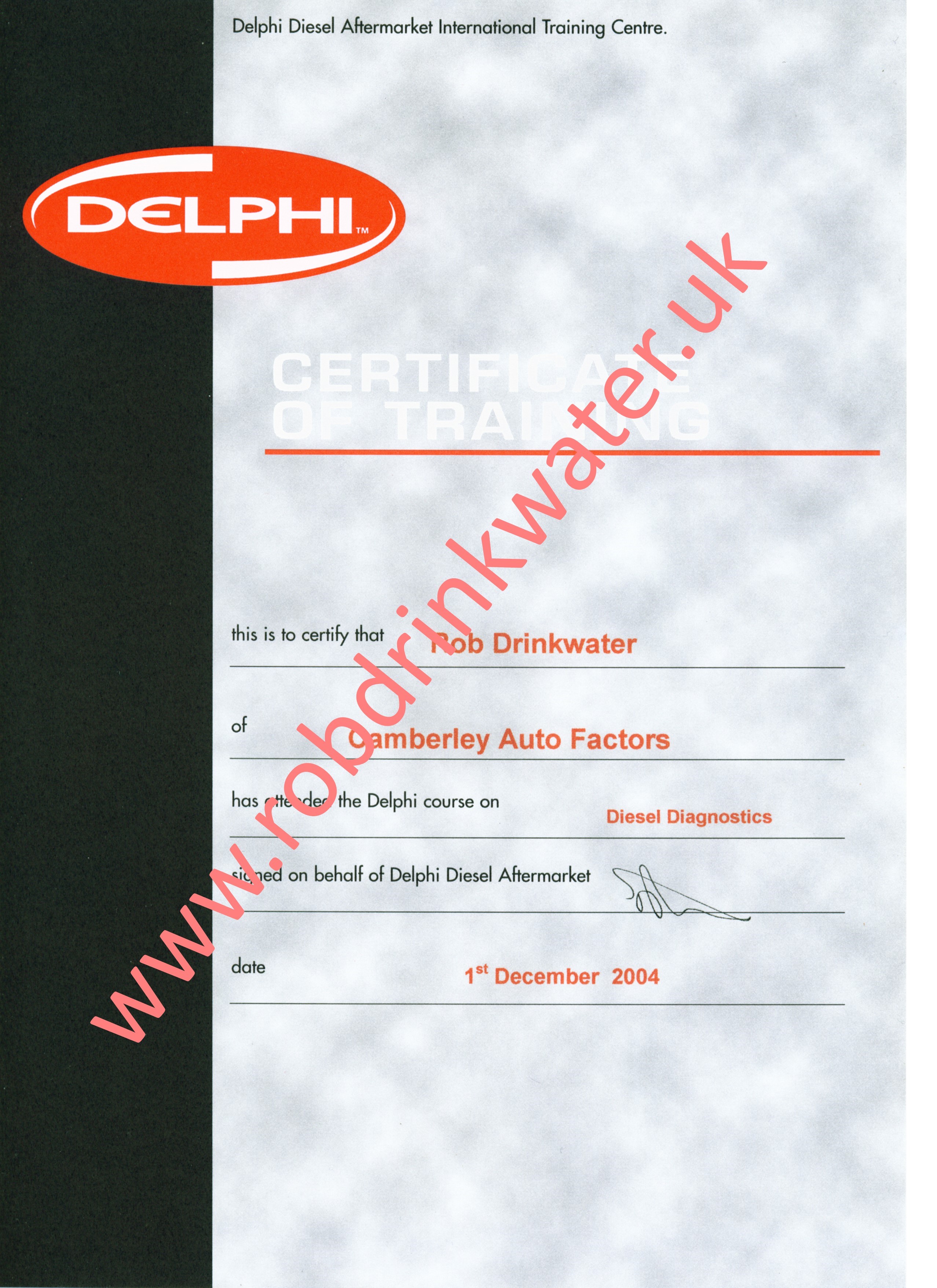 Delphi Diesel Diagnostics Training Course Certificate